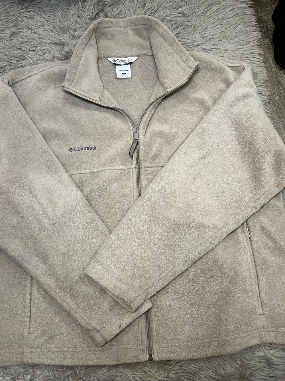 Columbia Men’s XL Taupe Beige Fleece Jacket Full Zip Stand Collar Outdoor
